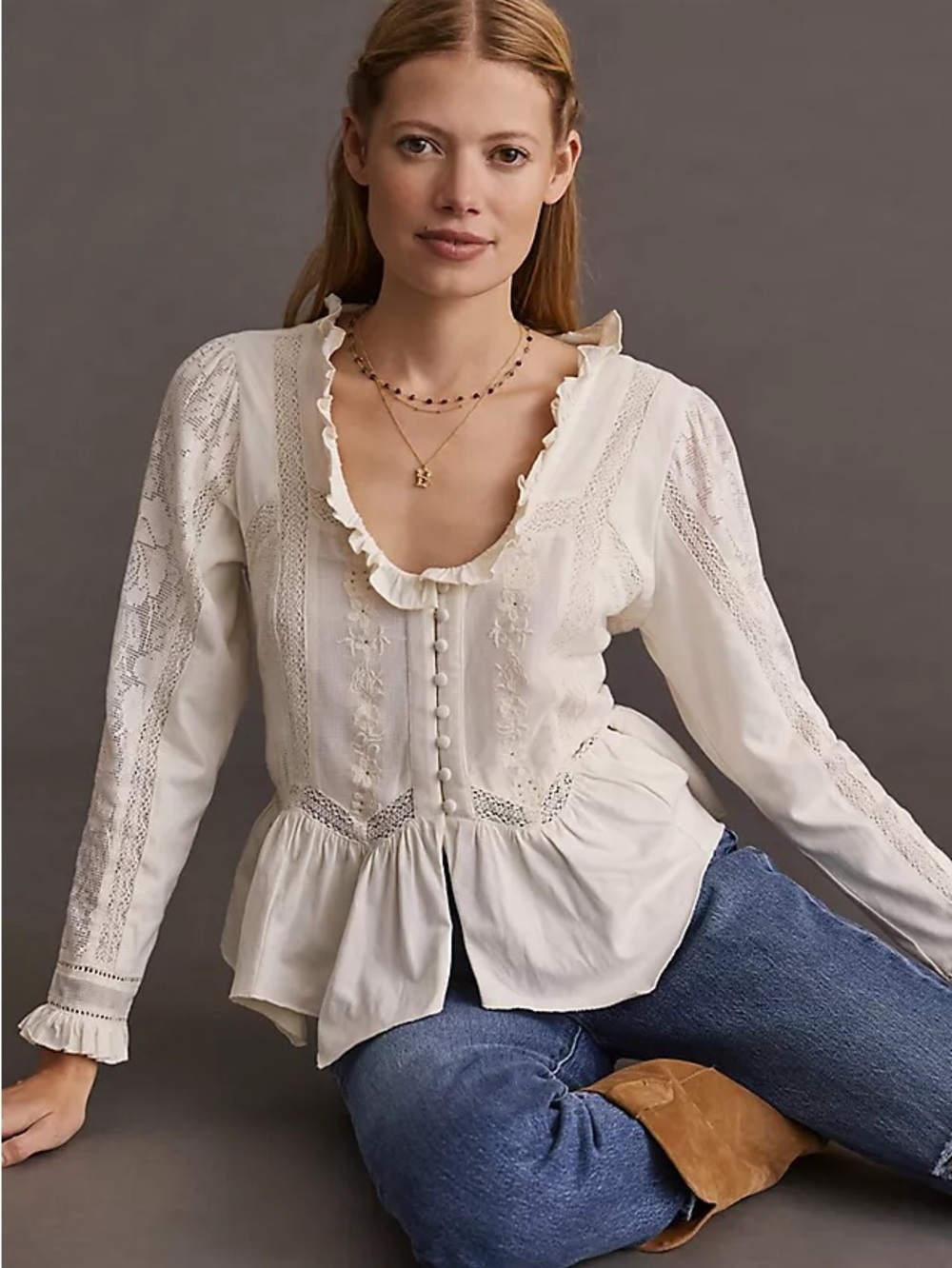 Anthropologie Forever That Girl Embroidered Lace Buttondown Blouse Size Large